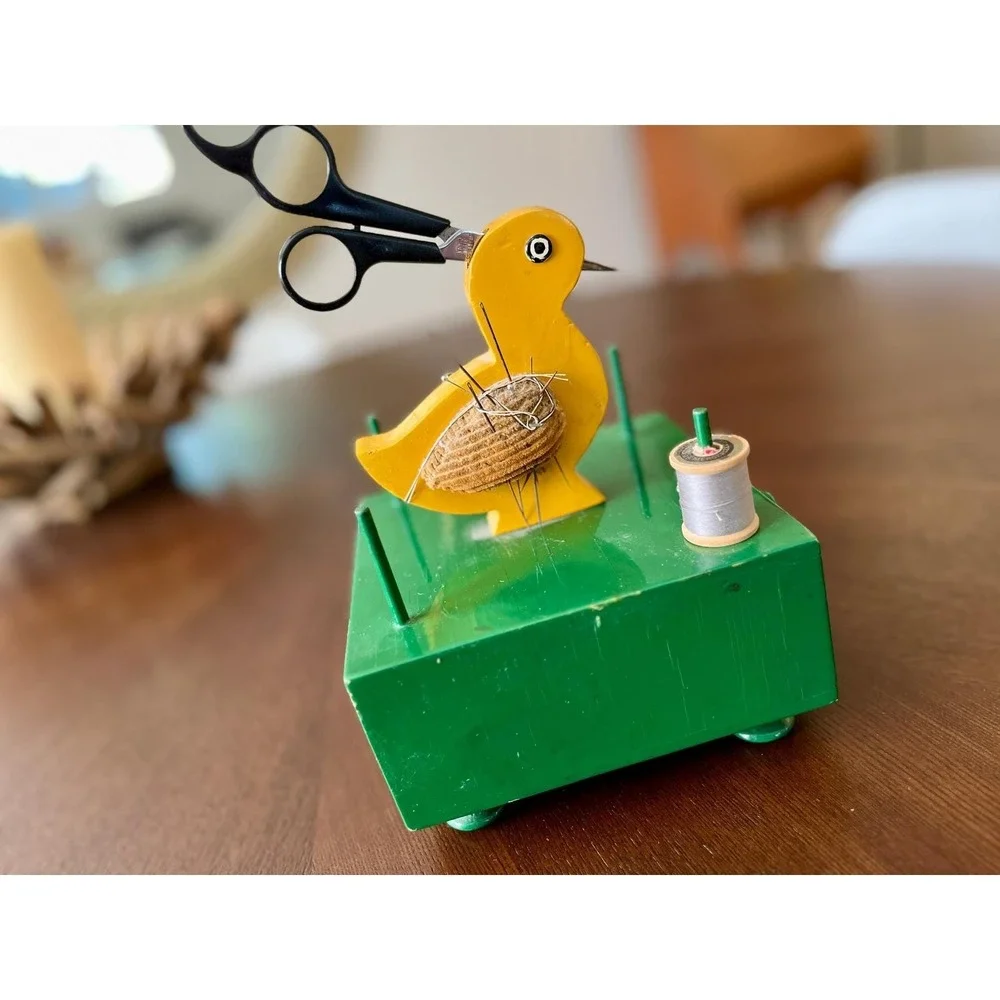 Vintage Handmade Duck Sewing Caddy Pincushion Thread Holder With Drawer